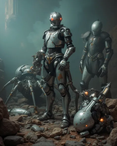 an impressive robot is armed with brilliant futuristic mechanical tools, scattered mechanical parts, listo to repair un enorme androide. Imposing and sinister machines of the year loom around her 3000, to repair, huge spider-shaped drones with metallic lim...