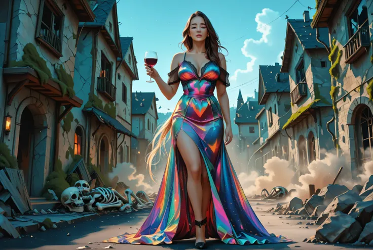 mature female, milf, motherly,hyp3rd3tail style,w1n,zavy-ctcmcs,a picture of a  mature woman in a post apocaliptic street, ruined houses, dead skeleton lying in the street, moss covered houses, holding a glass of wine  at night, elegant, glam, fantasy silk...