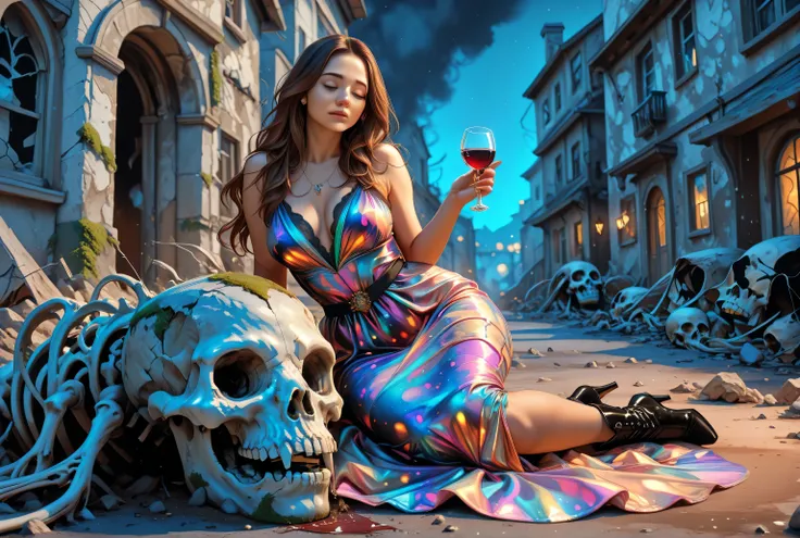 mature female, milf, motherly,hyp3rd3tail style,w1n,zavy-ctcmcs,a picture of a  mature woman in a post apocaliptic street, ruined houses, dead skeleton lying in the street, moss covered houses, holding a glass of wine  at night, elegant, glam, fantasy silk...