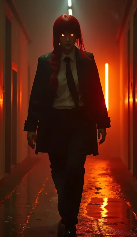 masterpiece, cinematic full body shot, Makima (Chainsaw Man) walking forward slowly, glowing orange eyes, hypnotic gaze, long braided red ponytail swaying, horror mood lighting, soft backlight with orange-red tint, volumetric lighting haze, dark aesthetic,...
