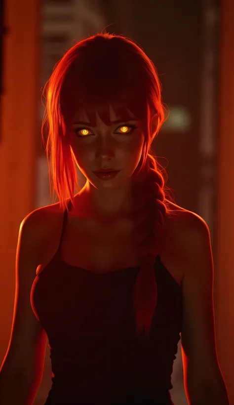 masterpiece, cinematic full body shot, Makima (Chainsaw Man) walking forward slowly, glowing orange eyes, hypnotic gaze, long braided red ponytail swaying, horror mood lighting, soft backlight with orange-red tint, volumetric lighting haze, dark aesthetic,...