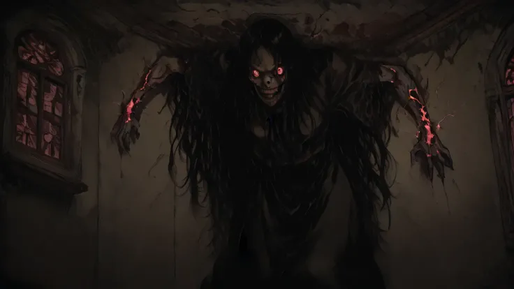 p0ssessed, ceiling, corner, wall, low angle, view from below, against wall,,sinner2,ellie,deadite,best quality, ultra-detailed, highres, paranormal entity, wall demon, inhuman posture, elongated limbs, torn black clothing, glowing symbols on skin, crumblin...