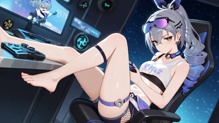 masterpiece, ultra highres, best quality, silver wolf honkai star rail, playing a gaming device, sitting, wearing shorts, annoyed, looking at viewer, sweating, one leg on the table