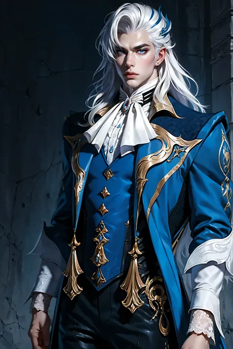 Best quality, masterpiece, very detailed, HD, gorgeous Albino man neuvillette, very long white hair, blue streak, (solo), realistic, sexy physique, movie, Parisian man, dapper man, (male focus), white lace-up corset, pants, costume party, 8k