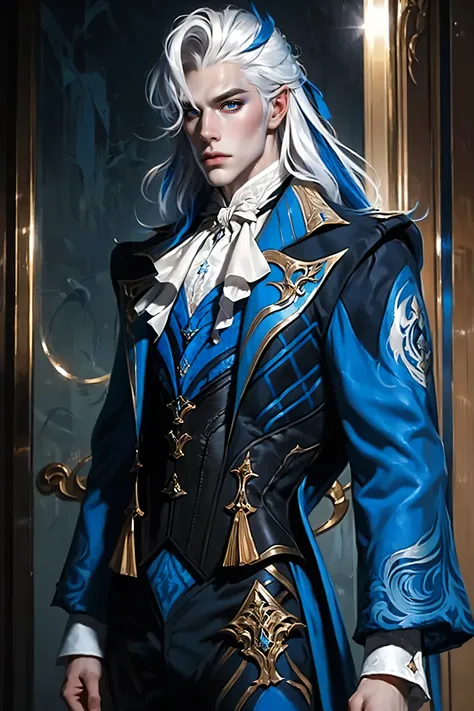 Best quality, masterpiece, very detailed, HD, gorgeous Albino man neuvillette, very long white hair, blue streak, (solo), realistic, sexy physique, movie, Parisian man, dapper man, (male focus), white lace-up corset, pants, costume party, 8k