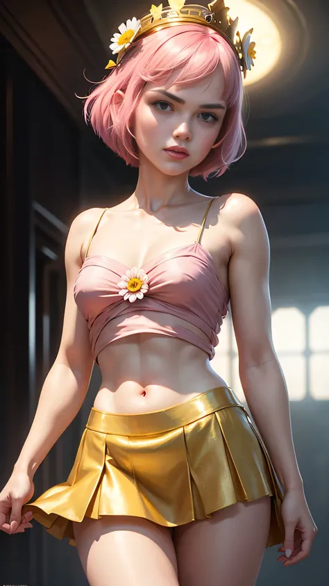 18 year old beautiful daisy ridley, masterpiece, best quality, 8K animation, detailed fingers, precise fingers, not unnatural hands, illustration, 1 girl, solo, pink bob cut, gold crown, flower hair ornament, sagging eyes, red mini skirt, YUI