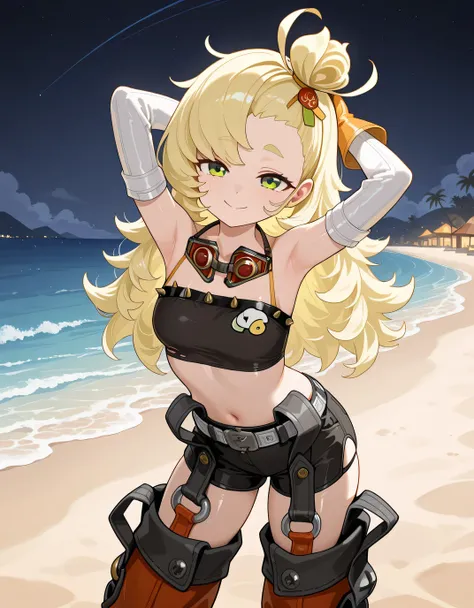 long hair, messy hair, blonde hair, green eyes, topknot, hair ornament, detached sleeves, orange gloves, tube top, Goggles Around Neck, shorts, chaps, Detached Leggings, strap, high quality, solo, shiny skin, night sky, beach, arms behind head, (contrappos...