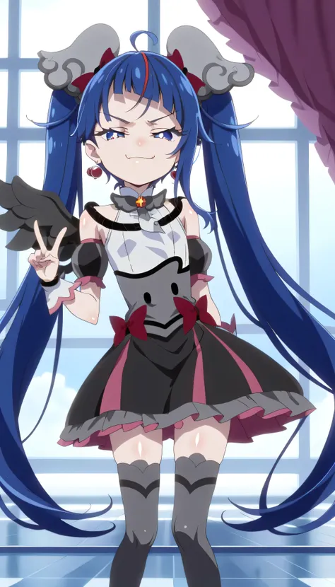    score_9,    score_8_up,    score_7_up,   Source_Anime,   official art , Anime screencap,   Goddess Magazine ,  reflective white knee-high stockings on the glass floor  ,   dark cure sky、(  Flat-breasted:1.2),  ,  dark blue hair、 twin tails、   ,     ,   ...