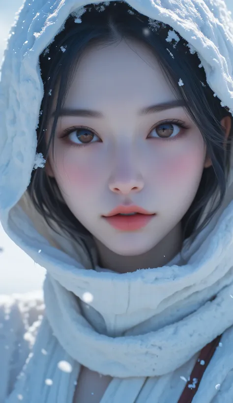  delves into the highest quality masterpieces with ridiculous resolutions，Enter the fascinating world of volumetric light and gradient colors 。 into the snow under the snow ， She is a snowwoman with colored skin 。