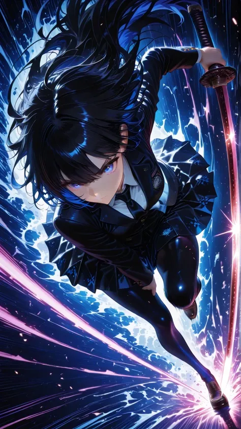 JK Swordsman High school girl uniform style Dynamic Exciting skirt White Pannier long black hair inner color blue speed lines,Action Poses , dynamic angle , close-up , from above , Moving forward Shoot a cool slash with a Japanese sword High Speed Mov...