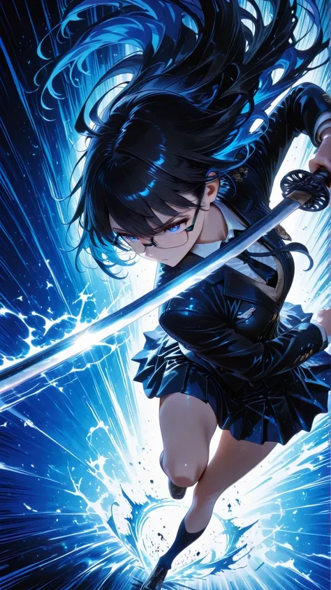 JK Swordsman glasses High school girl uniform style Dynamic Exciting skirt White Pannier long black hair inner color blue speed lines,Action Poses , dynamic angle , close-up , from above , Moving forward Shoot a cool slash with a Japanese sword High S...