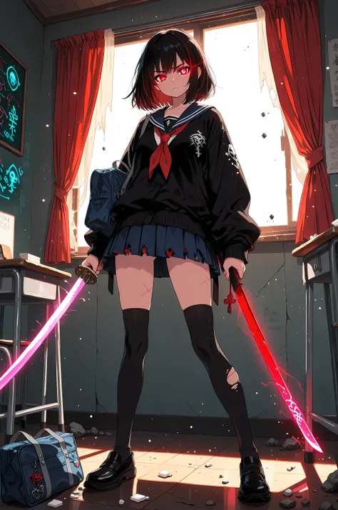 (masterpiece, creative concept), anime style, full body portrait of a cool and determined Japanese high school girl swordswoman in a modern sailor school uniform, short pleated skirt fluttering with motion, loose necktie and oversized cardigan slightly tor...