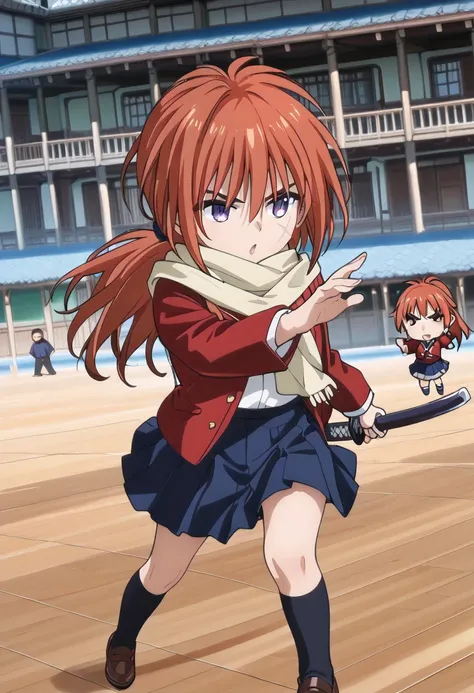 score_9, score_8_superior, score_7_superior, masterpiece, best quality, absurdres, high_fidelity, sauce_anime, (rating_explicit:0.7), masterpiece, Highest quality, Adorable, 1girl, (chibi:1.5), Himura Kenshin, red hair, purple eyes, scar on face, ponytail,...