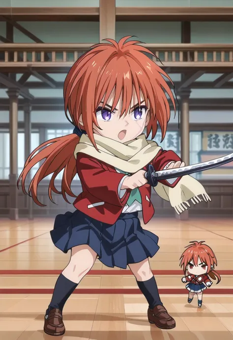 score_9, score_8_superior, score_7_superior, masterpiece, best quality, absurdres, high_fidelity, sauce_anime, (rating_explicit:0.7), masterpiece, Highest quality, Adorable, 1girl, (chibi:1.5), bdchibi, full body, Himura Kenshin, red hair, purple eyes, sca...