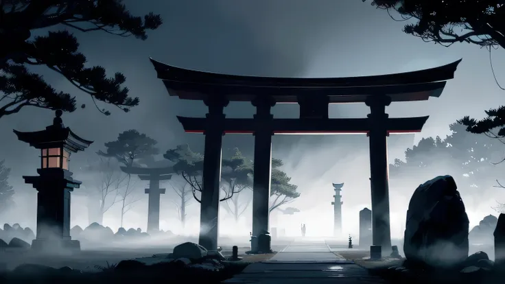 Night Shrine、approach shrouded in fog、stone lanterns shining vaguely、torii are illuminated by moonlight、a mysterious atmosphere、serenity、mysterious、Japanese、fantastic、Cedar groves in the background、contrast between light and shadow、Realistic、high res