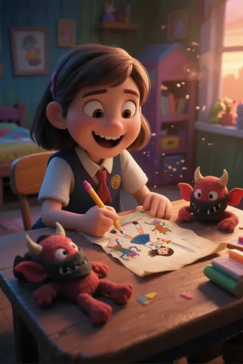 Close-up A girl with a joyful happy face looks at a sheet of parchment in front of her in her school uniform sits at a table with a colored pencil in her hand . In the background, a cozy children's room .
Warm sunset light falls on the picture, highlightin...
