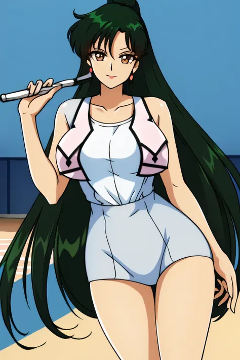 Women with long green hair ，ponytail hair ，nice smile，，big breasts，can you draw nice thighs wearing light blue panties ，beautiful legs，sneakers，Light Blue Tennis Wear，I'm on the tennis court on a sunny day，Woman enjoying tennis，，Smile Yang      g  ，，，Nice ...