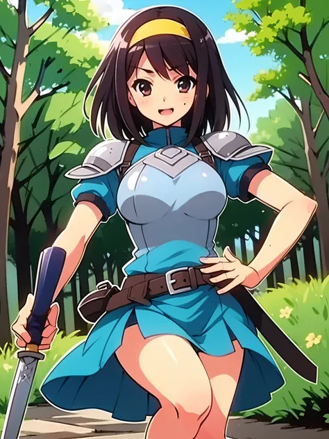 in beautiful forest, Best quality, ultra detailed, 8k, have a sword, yellow head band, wearing armor,