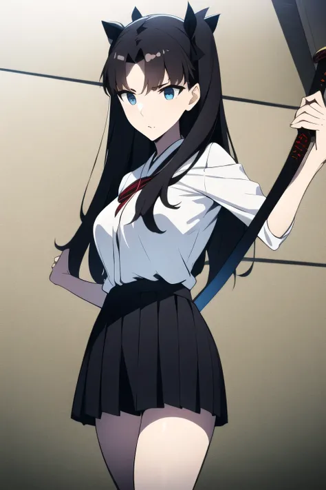 dark-haired woman with twin tails   ， ，when wearing a high school uniform、can you accurately draw details of a Japanese sword with a long blade {X} can you accurately draw details of a Japanese sword with a long blade，（（（So facial eXpression comes first、gr...