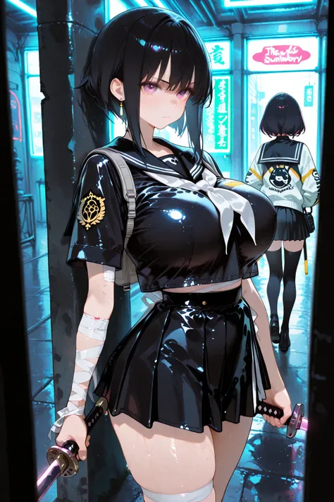 top quality、HIGH DEFINITION、big boobs、masterpiece、shallow depth of field on Shinjuku Yasukuni Street、HDR effects 、2 women、The dim subway yard、Two JK swordsmen posing with their backs to each other、the uniform is a black sailor suit、the bottom is under the ...