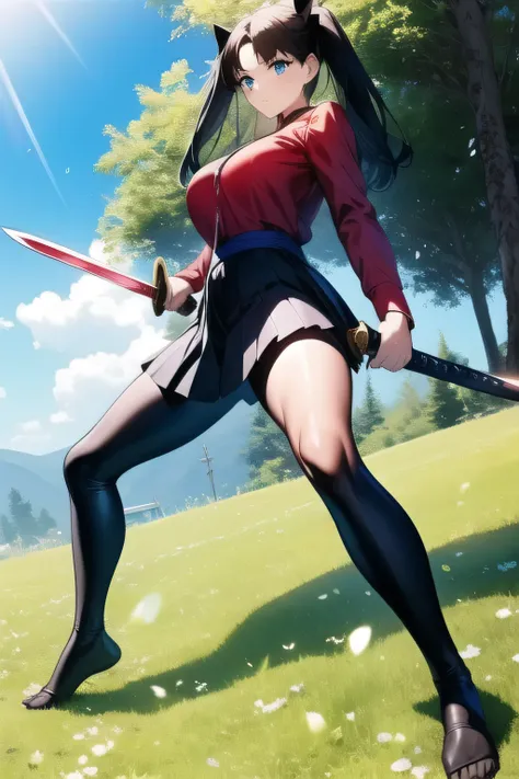 dark-haired woman with twin tails     ， ，Is wearing a high school uniform、can you accurately draw details of Japanese swords with a long blade ，（（（expression is a top priority, so don't crop ）））,，I am alone ，，Can you draw the details of a long sword accura...