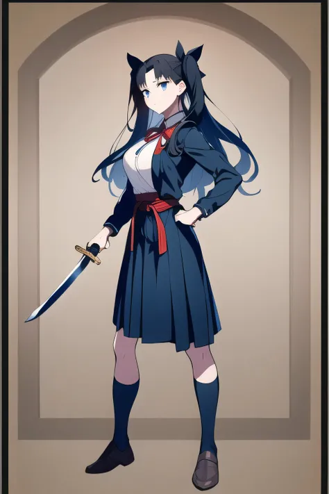 dark-haired woman with twin tails      ， ，Is wearing a high school uniform、can you accurately draw details of a Japanese sword with a long blade ，（（（expression is paramount, so don't cut it out ）））,，I am alone ，，can you draw the details of a long sword acc...