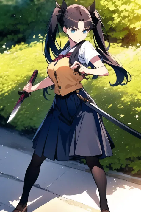 dark-haired woman with twin tails      ， ，Is wearing a high school uniform、can you accurately draw details of a Japanese sword with a long blade ，（（（expression is paramount, so don't cut it out ）））,，I am alone ，，can you draw the details of a long sword acc...