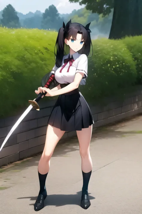 dark-haired woman with twin tails       ， ，Is wearing a high school uniform、can you draw the details of a Japanese sword with a long blade accurately ，（（（Facial expression comes first, that&#39;s why、don't cut it out ）））,，I am alone ，，Can you draw the deta...