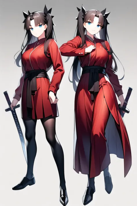 dark-haired woman with twin tails       ， ，Is wearing a high school uniform、can you draw the details of a Japanese sword with a long blade accurately ，（（（Facial expression comes first, that&#39;s why、don't cut it out ）））,，I am alone ，，Can you draw the deta...