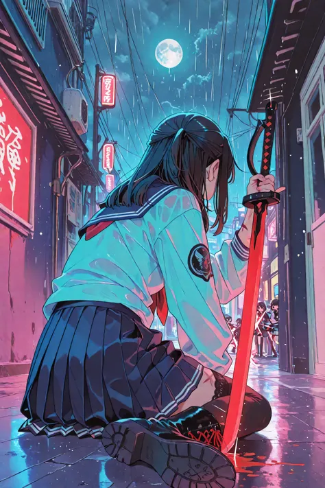 Best Quality、Anime Style、Japanese Cyberpunk、Streamlined slashing effect、backlight and afterimage、back alley in the city、Neon Street、Full moon sky、rain、Midnight city area、ネオンとrainに濡れるアスファルトの上で、high school girls Dance wildly with a Japanese sword in your han...