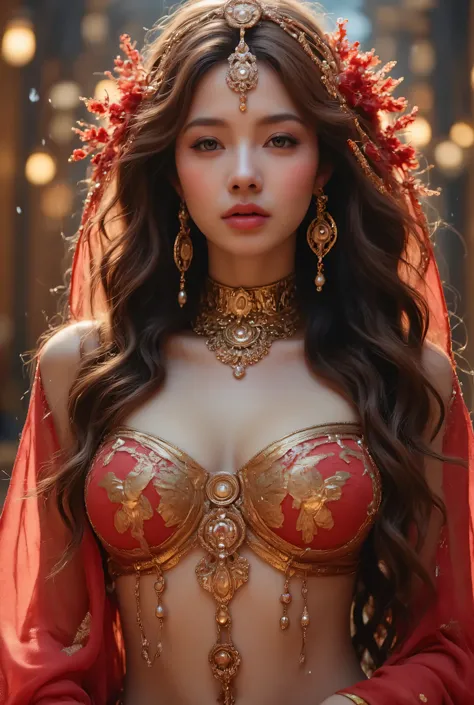 (Perfect body, exquisite face, best quality: 1.2), Korean beauty model, diamond earrings, sexy and beautiful, long golden brown wavy hair, multi-layered drape design diamond waist chain anklet bracelet, large circle gold earrings, a fusion of cute, beautif...