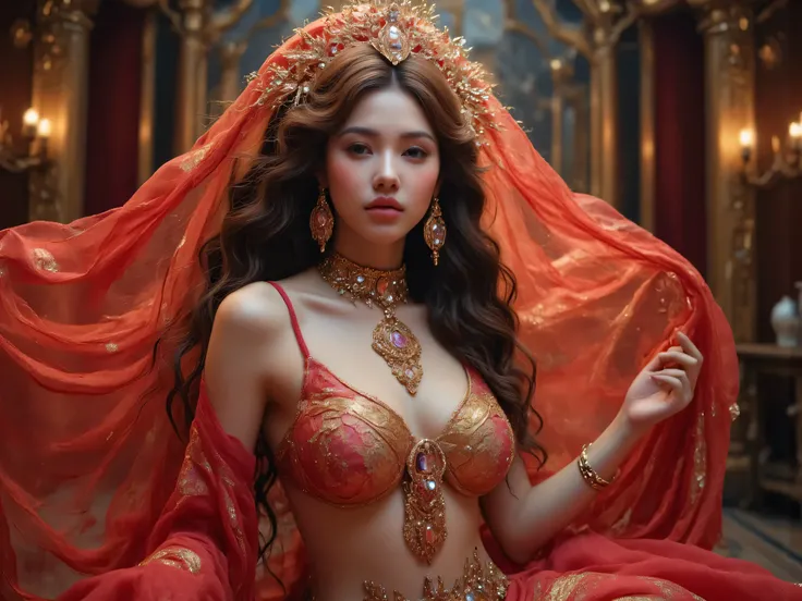 (Perfect body, exquisite face, best quality: 1.2), Korean beauty model, diamond earrings, sexy and beautiful, long golden brown wavy hair, multi-layered drape design diamond waist chain anklet bracelet, large circle gold earrings, a fusion of cute, beautif...