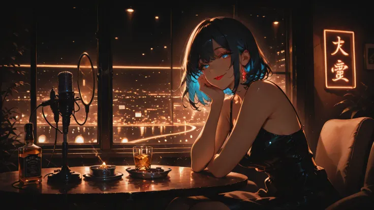 masterpiece, one girl, black medium hair, short cut, blue inner hair, asian, blue eyes, in a moody, jazz bar scene at night, red lipstick, sitting alone at a small table, wearing a black dress. smokes in an ashtray beside a half-empty whiskey glass. She lo...