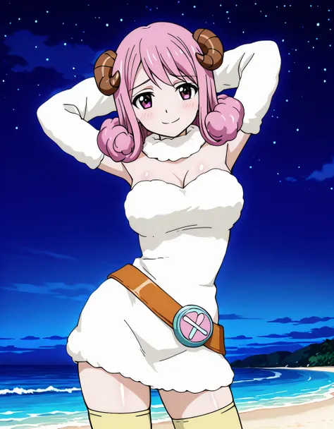 Aries, pink eyes, pink hair, medium hair, hair curls, horns, white fur collar, fur dress, white dress, off-shoulder dress, bare shoulders, detached sleeves, fur sleeves, belt, yellow thighhighs, high quality, solo, shiny skin, night sky, beach, arms behind...