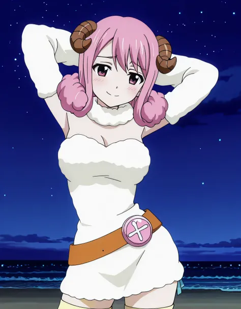 Aries, pink eyes, pink hair, medium hair, hair curls, horns, white fur collar, fur dress, white dress, off-shoulder dress, bare shoulders, detached sleeves, fur sleeves, belt, yellow thighhighs, anime screencap, high quality, solo, shiny skin, night sky, b...