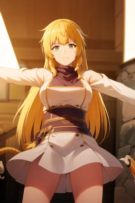 Blond wavy long-haired woman， Smile Yang     ，She's standing at the teacher's house?、If possible，，when wearing a high school uniform、Please draw the details of the Japanese sword accurately {X} Please draw the details of the Japanese sword accurately，（（（, ...