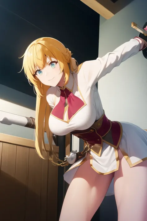 Blond wavy long-haired woman， Smile Yang      ，Standing at Teacher's House?、If possible，，when wearing a high school uniform、Please draw the details of the Japanese sword accurately {X} Please draw the details of the Japanese sword accurately，（（（, Facial ex...