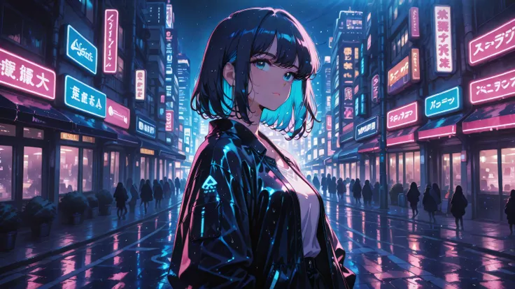 masterpiece, one girl, black medium hair, short cut, blue inner hair,  asian, blue eyes, standing alone at the Shibuya crossing at night. Neon signs and lights reflect on the wet pavement. She looks over her shoulder as if she just missed someone. The city...