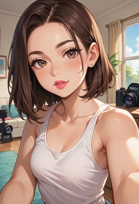 1girl, perfect body, perfect face, black medium hair, black thin eyebrows, big brown eyes, pink blush, bright red thick lipstick, beautiful girl, small breasts, tank top, ((selfie pov camera)), white wall, living room, window