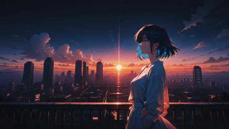 masterpiece, one girl, black medium hair, short cut, blue inner hair,  asian, blue eyes, walking arm in arm with boyfriend through the city at sunset on a Friday evening. The sky is orange and pink, transitioning into the deep blue of night. Neon lights be...