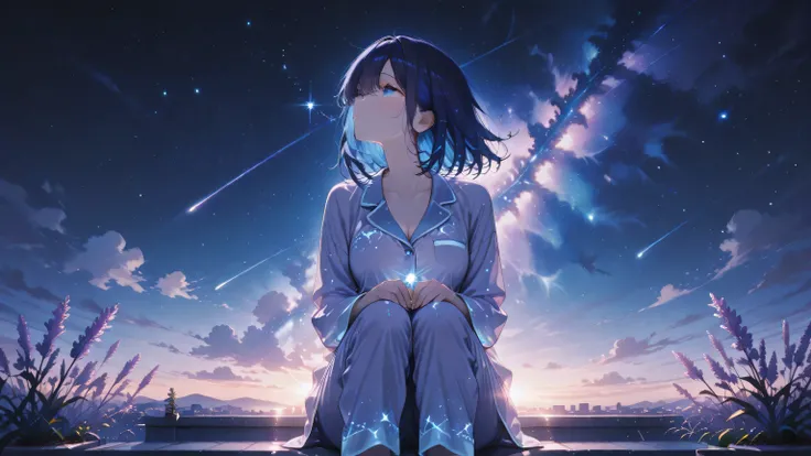 masterpiece, one girl, black medium hair, short cut, blue inner hair,  asian, blue eyes, dreamy night,  sitting on a rooftop in her pajamas, hugging her knees, surrounded by softly glowing stars in the sky. She looks up at the stars with sleepy, teary eyes...