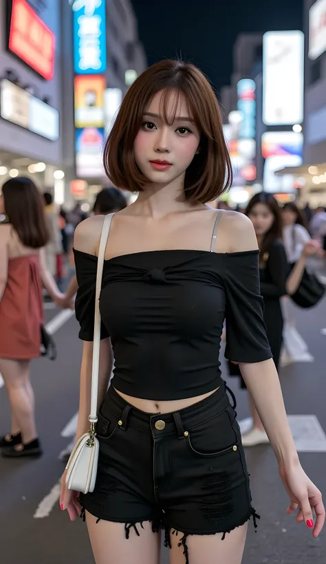 Woman standing in front of camera、Smile Yanでカメラを見つめている、Smile Yan、full body shot with mahiru、bob hairstyle、The woman wearing black distressed shorts is wearing a black off-the-shoulder cropped t-shirt、黒いダメージ加工されたショートパンツを履いている、WHITE SMALL SHOULDER BAG、Relaxe...