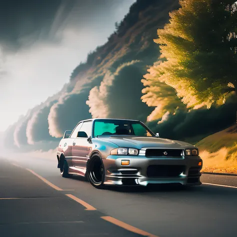Desain bergaya ,silver Nissan Skyline GT-R R34 parked on empty street,low profile car tires,pose atletis,aerodynamic body kit,luar ruangan,natural environment in the background, langit mendung ,cahaya lembut,shadows appear on the right side,suasana yang t...