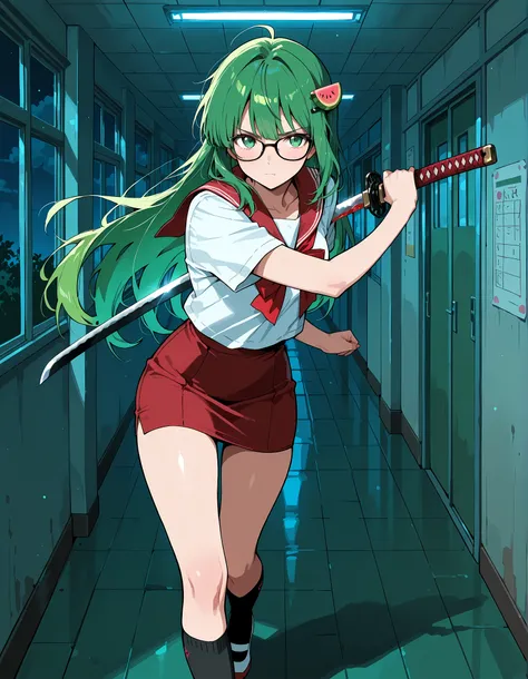 Score_9, score_8_up, score_7_up, source_anime, Vannamelon, solo, long hair, dark green hair, melon hairpin, green eyes, glasses, black framed eyewear, (best quality), (high quality), {masterpiece}, extremely delicate and beautiful, ultra-detailed, beautifu...
