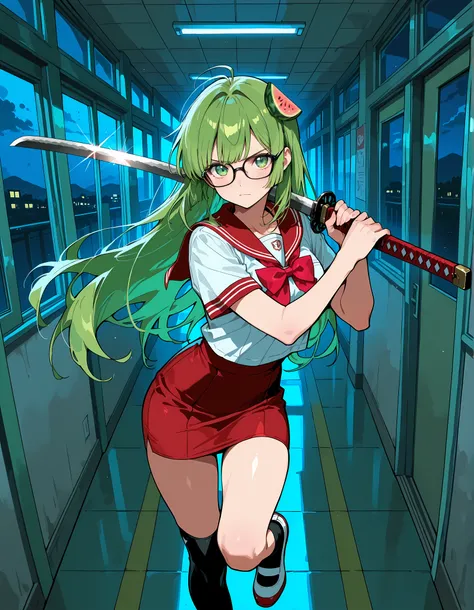 Score_9, score_8_up, score_7_up, source_anime, Vannamelon, solo, long hair, dark green hair, melon hairpin, green eyes, glasses, black framed eyewear, (best quality), (high quality), {masterpiece}, extremely delicate and beautiful, ultra-detailed, beautifu...