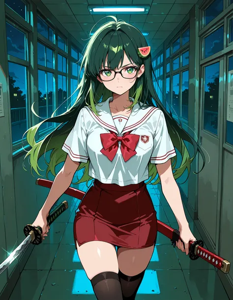 Score_9, score_8_up, score_7_up, source_anime, Vannamelon, solo, long hair, dark green hair, melon hairpin, green eyes, glasses, black framed eyewear, (best quality), (high quality), {masterpiece}, extremely delicate and beautiful, ultra-detailed, beautifu...