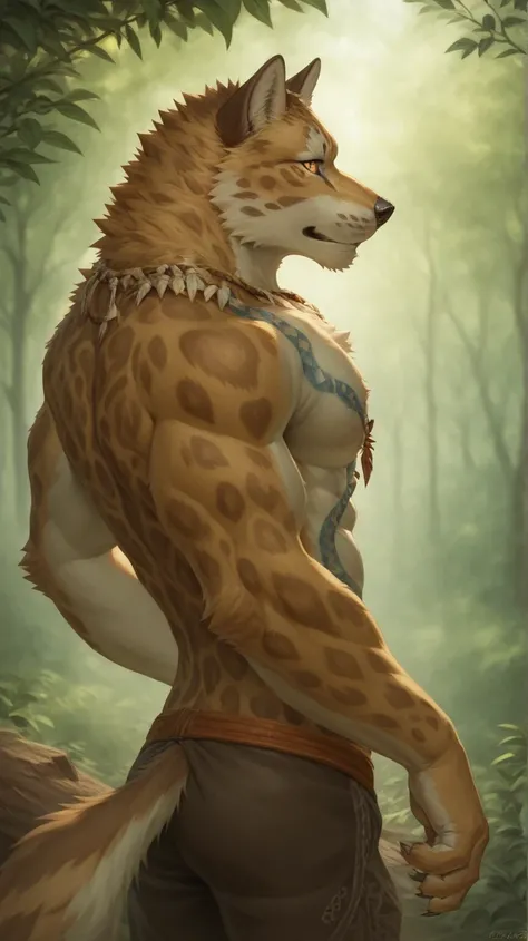 male anthropomorphic leopard, Nekojishi's Likulau, Muscular, husky, silver-grey mottled fur, penetrating golden eyes, Serene and dignified expression, traditional tribal markings, wooden beaded tribal necklace, open traditional vest, baggy tribal-style pan...
