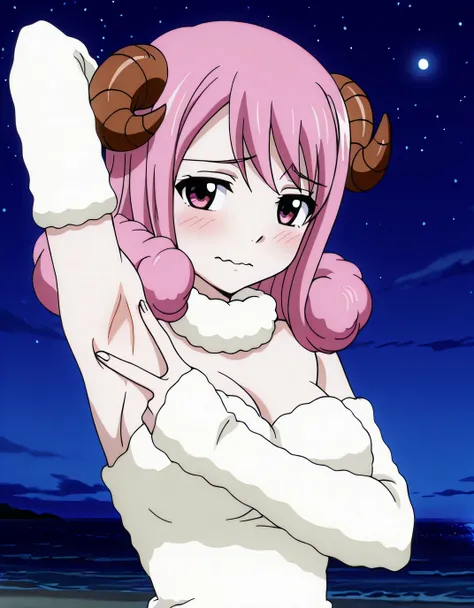 Aries, pink eyes, pink hair, medium hair, hair curls, horns, white fur collar,  bare shoulders, detached sleeves, fur sleeves, high quality, solo, night sky, beach, spread armpit, armpits, armpit focus, v, anime screencap, (contrapposto), closed mouth, shy...