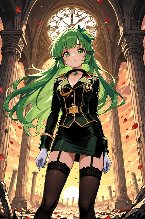 top quality, masterpiece, Ultimate Level of Detail Vannamelon, noble, noble girl, long hair, Green Hair, green eyes, elegant black and gold military uniform, pencil skirt, stockings, garter, Lace Embellished on the hem of skirt ,choker, white gloves, Arist...