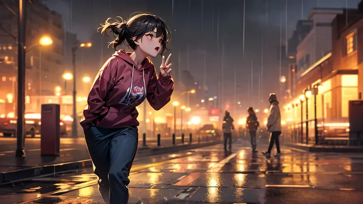 a dynamic cinematic mid-shot of an ordinary young woman passionately rapping on a dimly lit urban street at night. One hand is raised mid-gesture, her mouth open mid-bar, eyes locked forward with intensity. She wears casual streetwear—hoodie, loose pants, ...